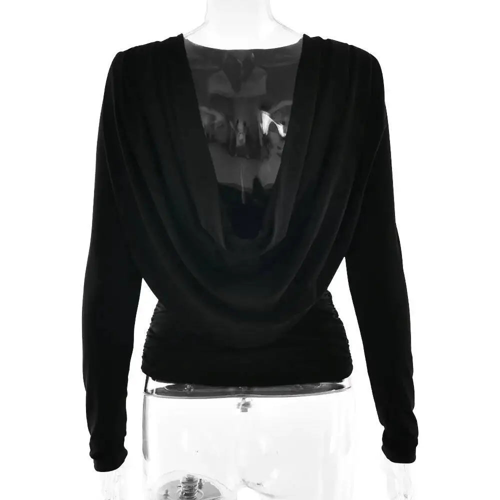 Black long-sleeve top on a mannequin against a white background