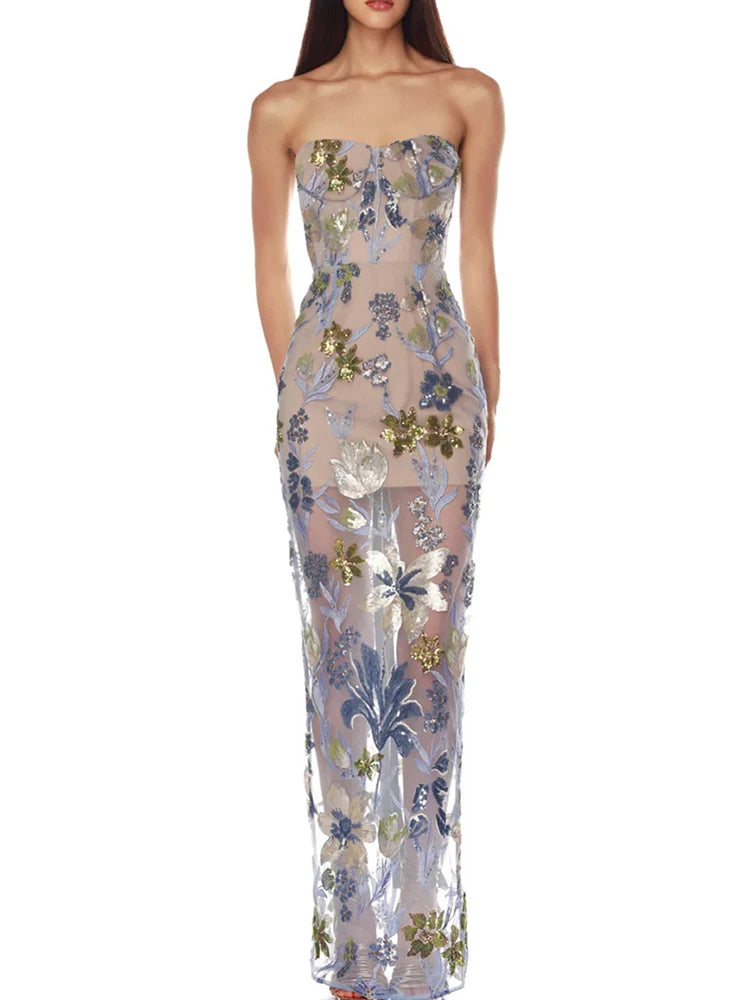 Floral strapless gown on a white background