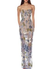 Floral strapless gown on a white background