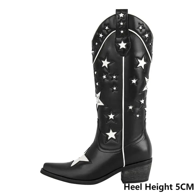 Black leather cowboy boots with white star patchwork, side profile showing heel height.