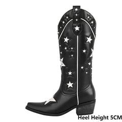 Black leather cowboy boots with white star patchwork, side profile showing heel height.