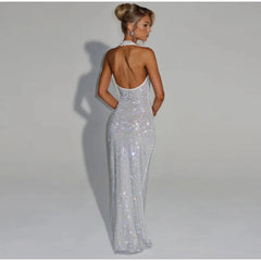 Deep V-Neck Sequin Fishtail Dress – Sleeveless Backless Beach Party Gown