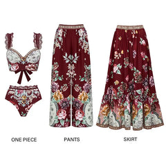 Burgundy Floral Print Two-Piece Swimsuit