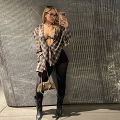 Plaid Draped Open-Neck Long Sleeve Crop Shirt