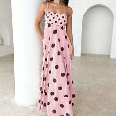 Pink polka dot maxi dress with spaghetti straps
