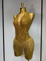 Gold rhinestone halter bodysuit side view