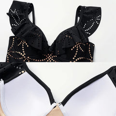 Black Laser Cut Geometric Print Ruffle Swimsuit and Skirt Set