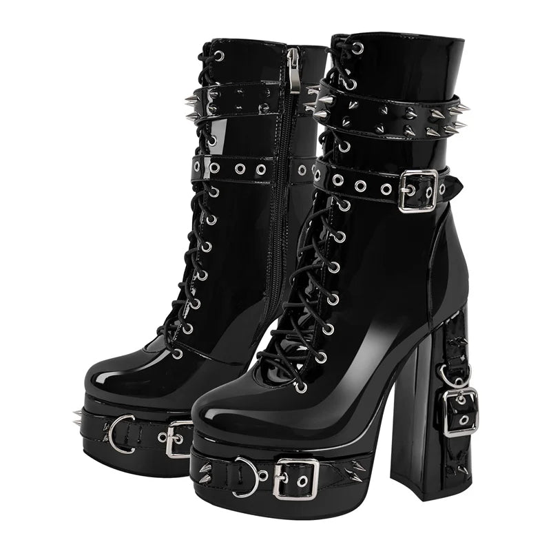 Side view of patent leather chunky heel boots