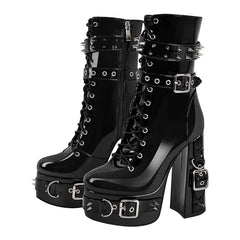Side view of patent leather chunky heel boots