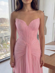 Pink Strapless Chiffon Trumpet Evening Dress