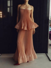 Strapless top and pleated midi skirt set in pink