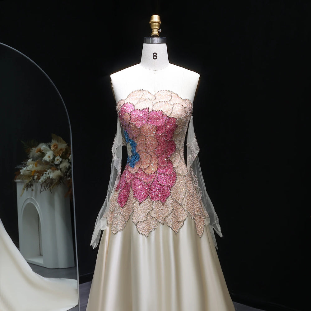 Mannequin wearing a floral embroidered dress with a dark background