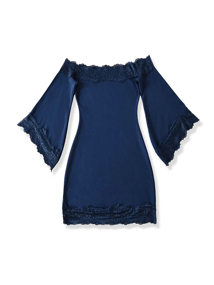 Off-shoulder bell sleeve lace trim mini dress laid flat