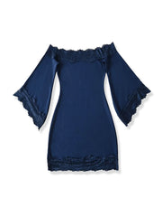 Off-shoulder bell sleeve lace trim mini dress laid flat