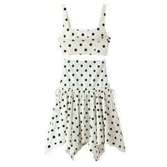 White Polka Dot Print Crop Top and Asymmetrical Skirt Set