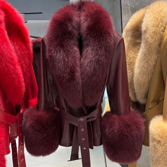 Brown coat with maroon fur trim displayed against a neutral background