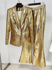 Gold Sequin Blazer & Pants Two-Piece Set - Chic & Sparkling Outfit