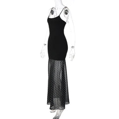 Black Cami Mesh Polka Dot Hem Patchwork Maxi Dress