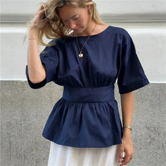 Bow Tie Waist Ruffle Hem Blouse