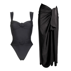Gathered bust ruched waist one-piece swimsuit and wrap skirt set in black
