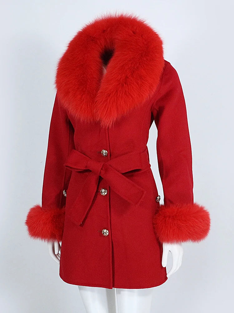 Red coat with fur collar and cuffs on a white background