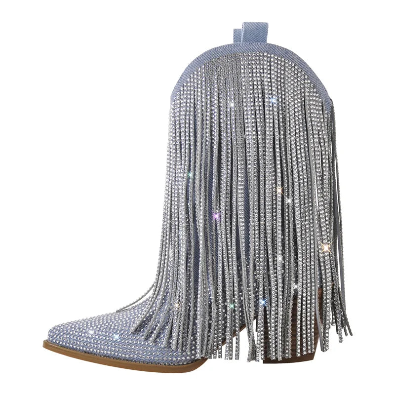 Blue boot with rhinestone fringe on a white background