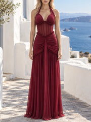 Burgundy Sheath Halter Neck Maxi Dress with ruched waist and leg slit
