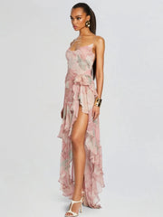 Spaghetti strap floral print ruffle high-slit asymmetrical hem maxi dress side view