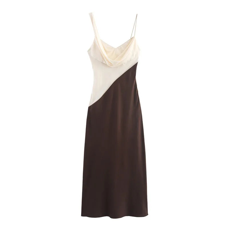 Two-tone dress with white top and brown skirt on a white background