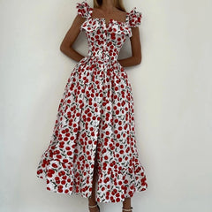 Red and white floral dress on a plain background