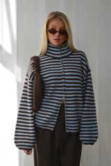 Striped High Neck Zip Sweater