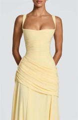 Square Neck Drape Waist Floor-Length Dress