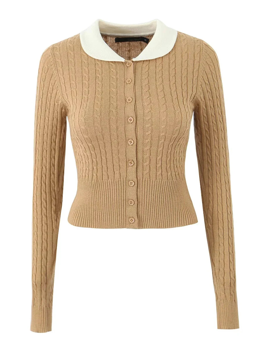 Beige cable knit cardigan with a white collar on a white background