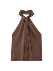 Brown halter top with buttons on a white background