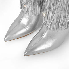 Pointed Toe Fringe Knee Boots
