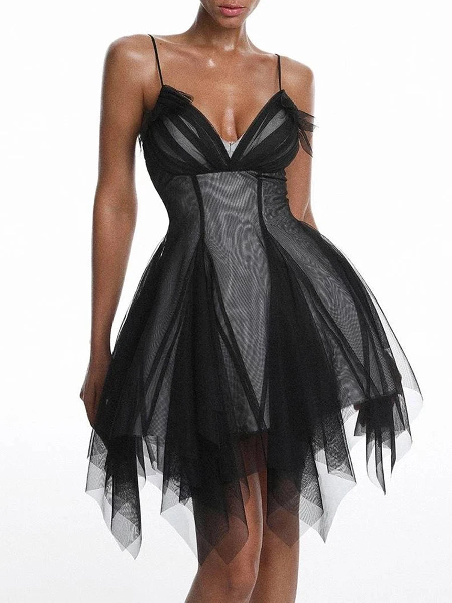 Black mesh mini dress with asymmetrical hem and v-neck