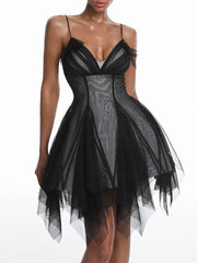 Black mesh mini dress with asymmetrical hem and v-neck