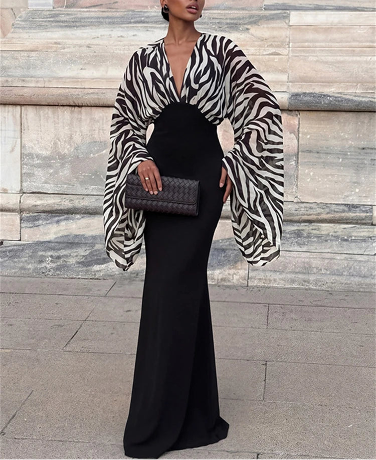 Zebra print V-neck maxi dress with long sleeves
