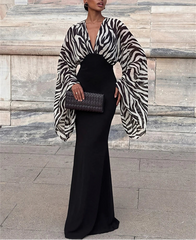 Zebra print V-neck maxi dress with long sleeves