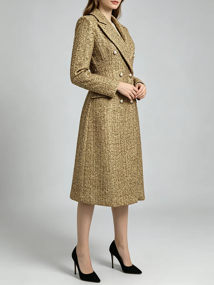Pearl button tweed double breasted coat side view