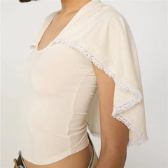 U-neck knit top with white lace trim cape overlay