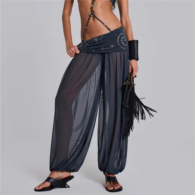 Dark grey mesh harem trousers with a rhinestone waistband