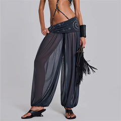 Dark grey mesh harem trousers with a rhinestone waistband