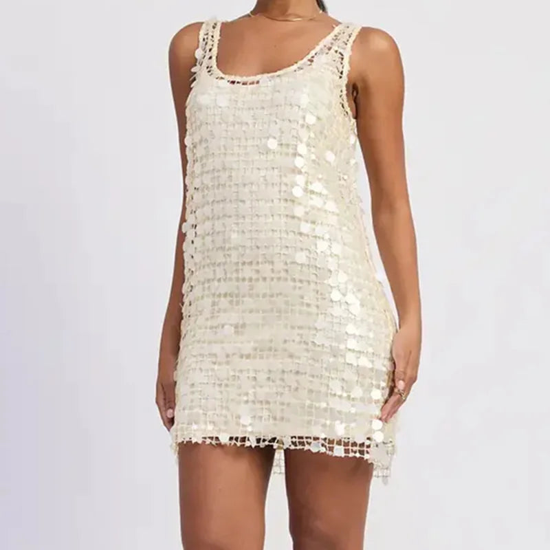 Creamy white sequin mesh mini dress