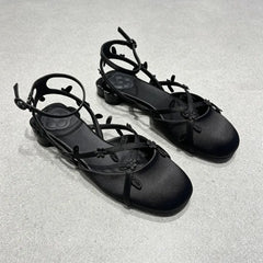 Black silk floral kitten heel sandals with ankle straps