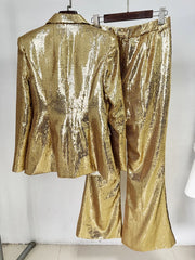 Gold sequin suit on a hanger against a white background