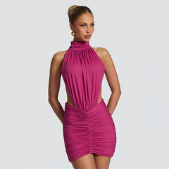 Halter Neck Ruched Side Cut Out Mini Dress