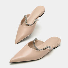 Pointed Toe Crystal Band Low Heel Mules Shoes