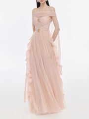 Pink evening gown with ruffled details