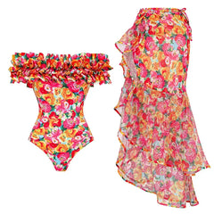 Back view of a floral print tiered wrap skirt with ruffle trim and tie waist.